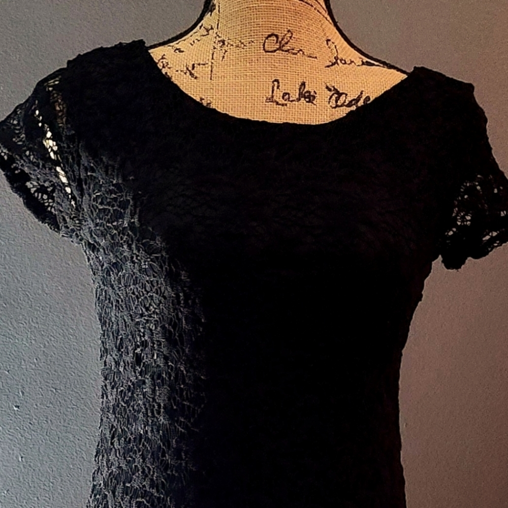 Long Black Maxi fitted Dress with Black lace on it. Size Small. Material stretch